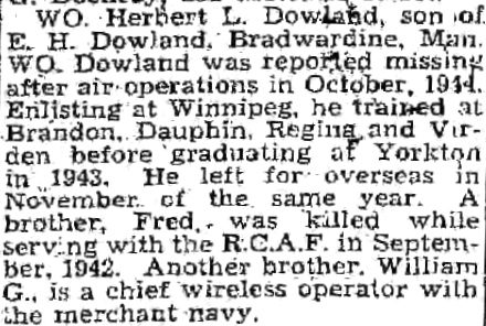 Newspaper clipping– From the Winnipeg Free Press 1945. Submitted for the project Operation Picture Me
