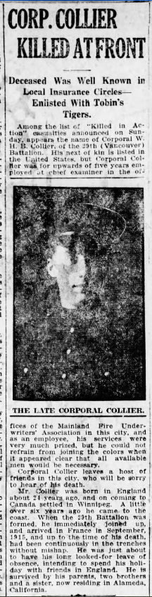 Newspaper clipping– From the Vancouver World newspaper c.1916. Submitted for the project Operation Picture Me