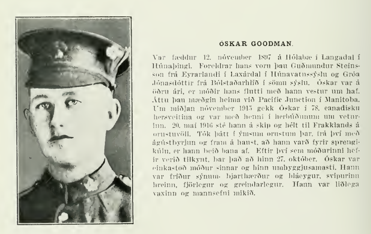 Newspaper clipping– From the book "Minningarrit íslenzkra hermanna 1914-1918" which tells the stories of the Canadian Icelandic soldiers of WW1. Submitted for the project Operation Picture Me.