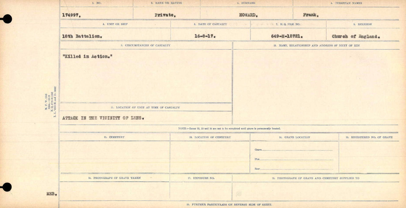 Circumstances of Death Registers– "Killed in Action"

Title:	Circumstances of Death Registers, First World War
Mikan record:	46246
Volume Number:	31829_B016693
Page:	391
Contributed by E.Edwards www.18thbattalioncef.wordpress.com