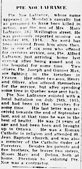 Newspaper clipping– From the Ottawa Citizen newspaper c.1917. Submitted for the project Operation Picture Me