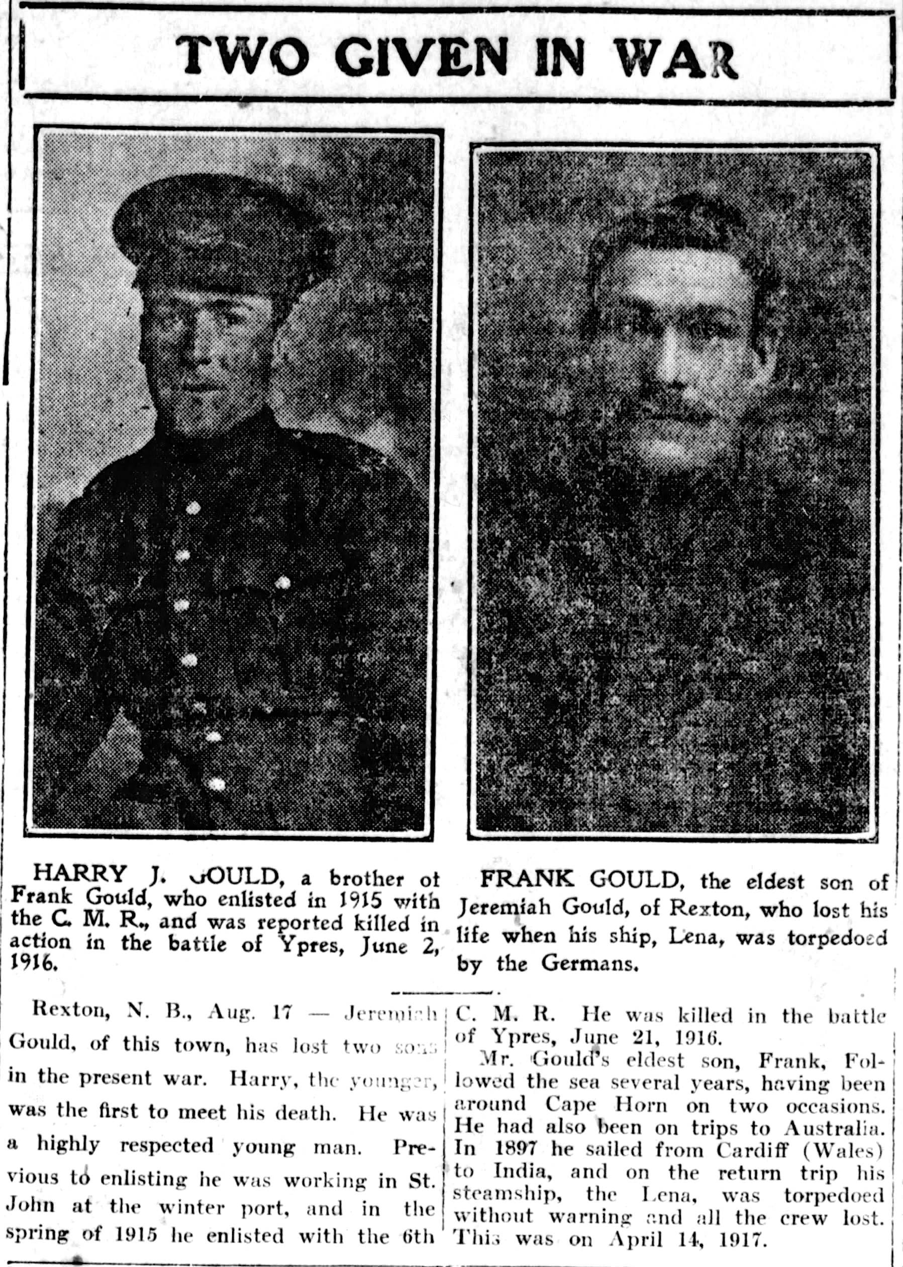 Newspaper clipping– From the Saint John (New Brunswick) Daily Telegraph newspaper c.1918. Submitted for the project Operation Picture Me