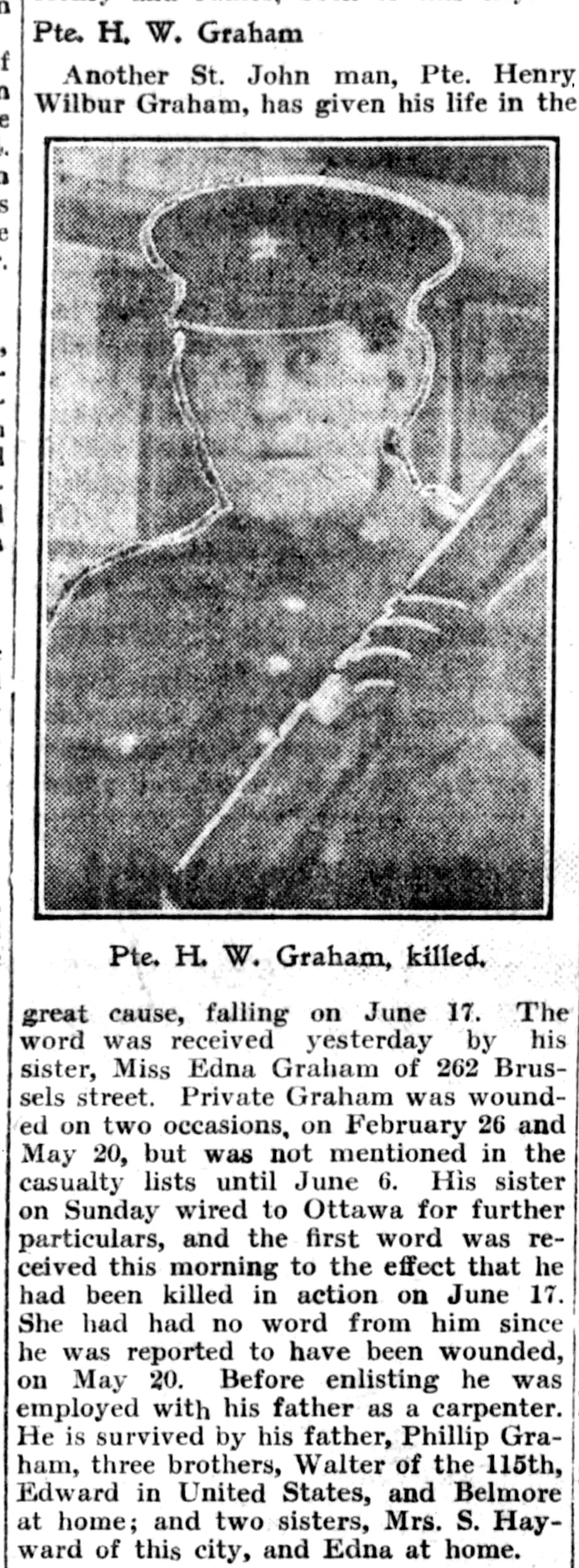 Newspaper clipping– From the Saint John (New Brunswick) Daily Telegraph newspaper c.1916. Submitted for the project Operation Picture Me