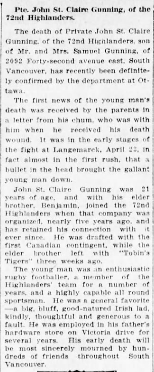 Newspaper clipping– From the Vancouver World newspaper c.1915. Submitted for the project Operation Picture Me