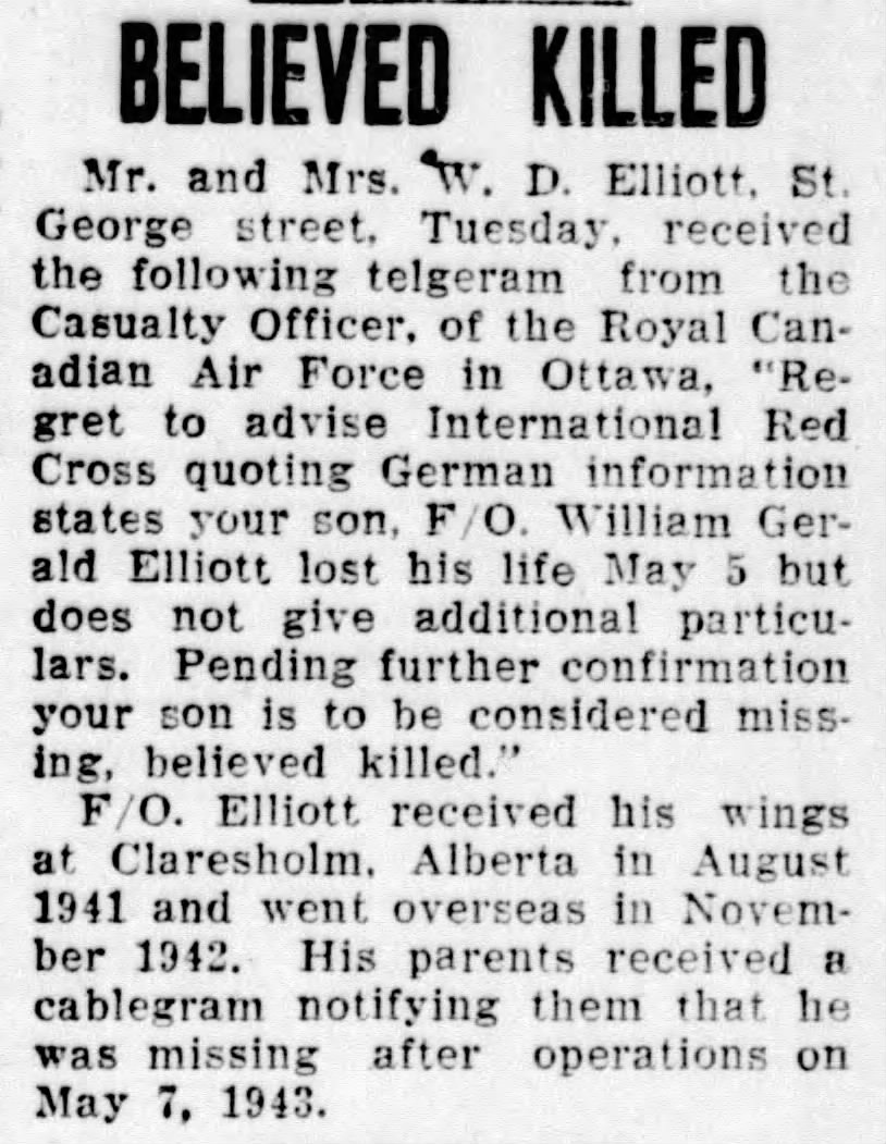 Newspaper clipping– From  a World War 2 issue of the  Moncton (New Brunswick)  Transcript newspaper. Submitted for the project Operation Picture Me