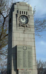 War Memorial– Kamloops Cenotaph, Memorial Park, Battle Street and 2nd Avenue, Kamloops, British Columbia.   Includes honour roll tablets listing 189 names for World War I and 92 names for World War II.  Unveiled on May 24th, 1925.   Inscribed:  C.E.F. - NOR TIME NOR TIDE CAN EVER EFFACE THE MEMORY OF OUR GLORIOUS DEAD.
