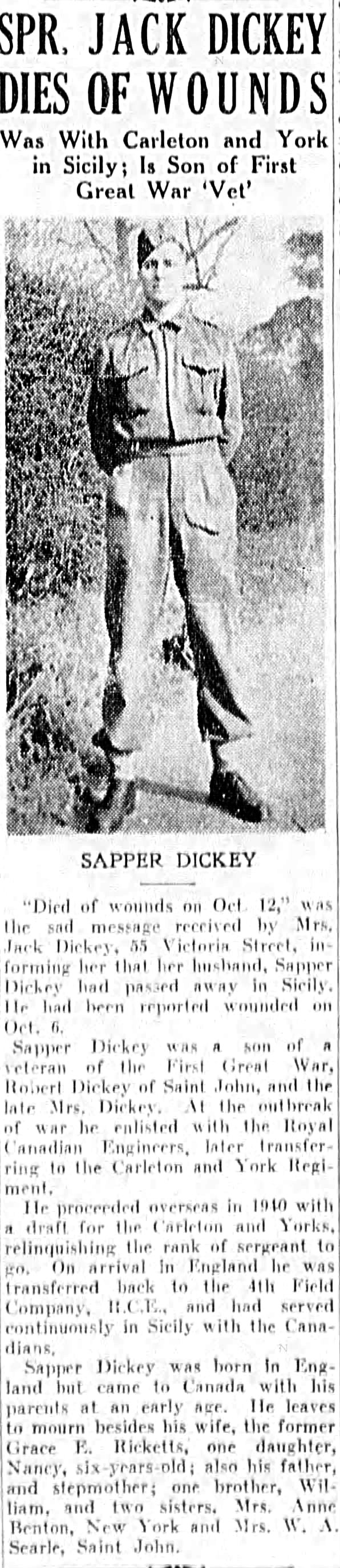 Newspaper clipping– From the Saint John (New Brunswick) Times Globe newspaper c.1943. Submitted for the project Operation Picture Me