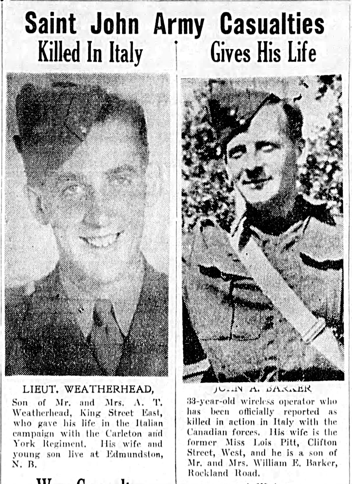Newspaper clipping– From the Saint John (New Brunswick) Times Globe newspaper c.1943. Submitted for the project Operation Picture Me