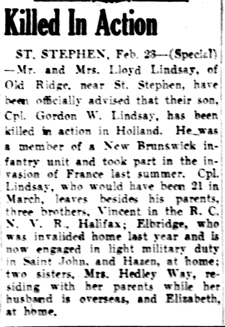 Photo of Gordon William Lindsay– From the Saint John (New Brunswick) Telegraph Journal newspaper c.1945. Submitted for the project Operation Picture Me