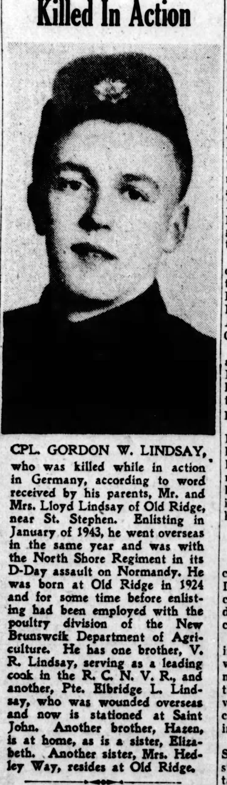 Newspaper clipping– From the Saint John (New Brunswick) Telegraph Journal newspaper c.1945. Submitted for the project Operation Picture Me