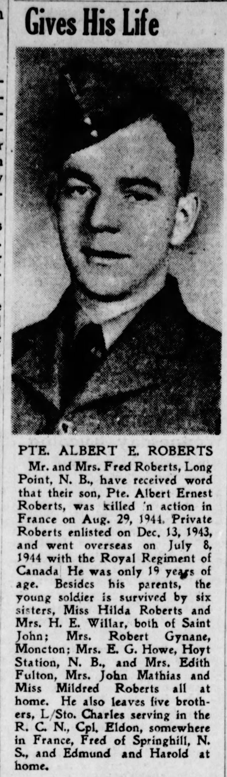 Newspaper clipping– From the Saint John (New Brunswick) Telegraph Journal c.1944. Submitted for the project Operation Picture Me