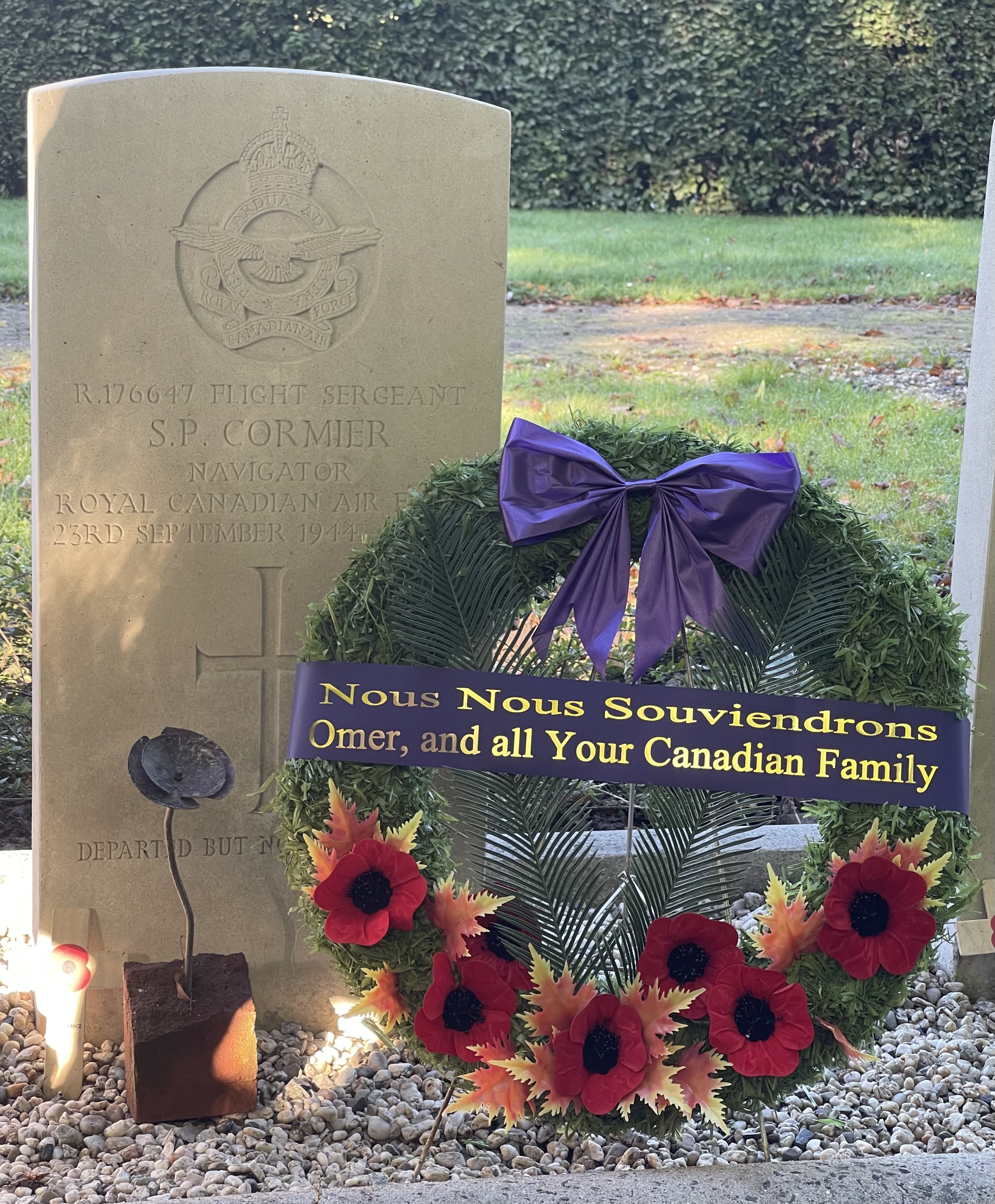 Grave Marker– Photos by Omer Boudreau, Oct. 4, 2024, in Heteren General Cemetery, Netherlands. Omer Boudreau (nephew) laying a wreath.