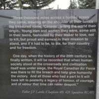 Memorial&ndash; Father J P Lardie's comments as inscribed on the Bomber Command Memorial Wall in Nanton, AB … photo courtesy of Marg Liessens