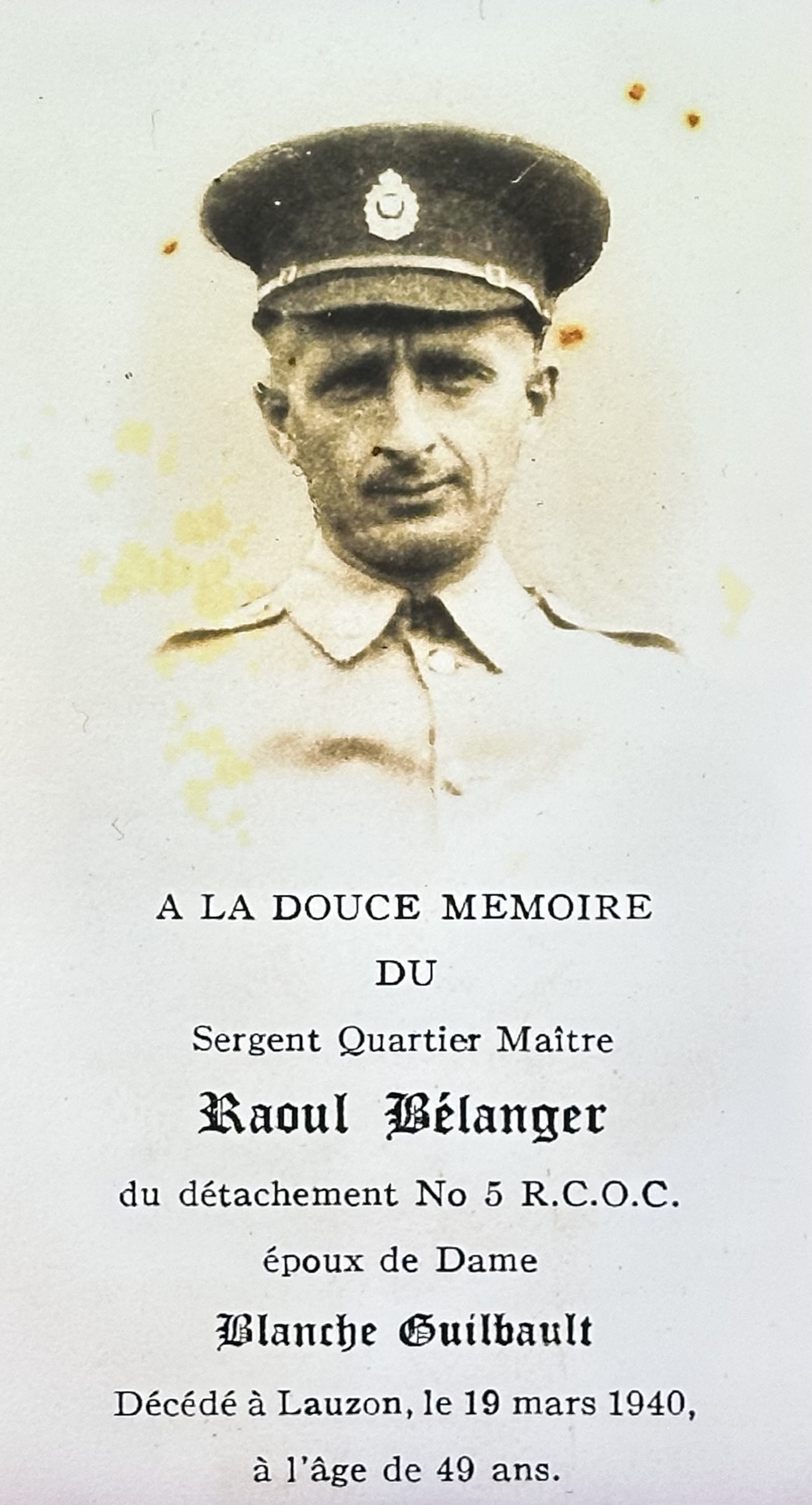 Photo of Raoul Belanger– Carte mortuaire de Raoul Belanger