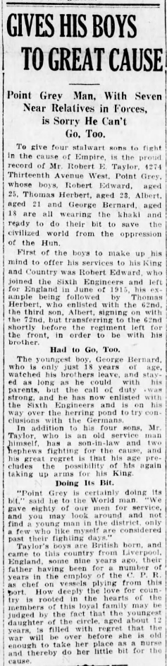 Newspaper clipping– This clipping shows a different photo of Albert than the other clipping. From the Vancouver World newspaper c.1916. Submitted for the project Operation Picture Me