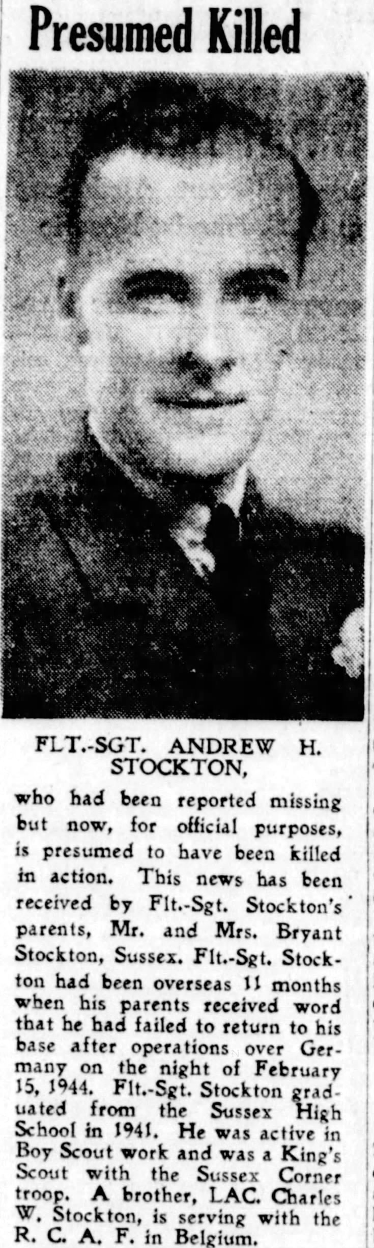 Newspaper clipping– From the Saint John (New Brunswick) Telegraph Journal newspaper c.1945. Submitted for the project Operation Picture Me