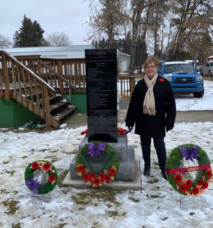 Memorial– Remembrance Day 2024 in Choiceland was very special. Besides a full program at the Elk's Hall, there was the unveiling of a new Monument dedicated to the many Choiceland people that have served in the Armed Services. Their names are etched in the Monument. Joe's niece Sheila McRae (Grabowski) laid the Mother's Wreath for her late Grandmother, Elsie Grabowski. Sheila was wearing her Grandmother's King George VI Memorial Silver Cross. Submitted by Roger McRae