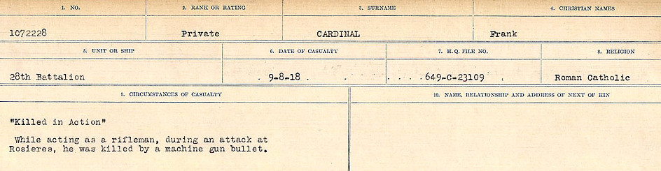 Circumstances of Death Registers– Source: Library and Archives Canada.  CIRCUMSTANCES OF DEATH REGISTERS, FIRST WORLD WAR Surnames:  Canavan to Caswell. Microform Sequence 18; Volume Number 31829_B016727. Reference RG150, 1992-93/314, 162.  Page 155 of 1004.