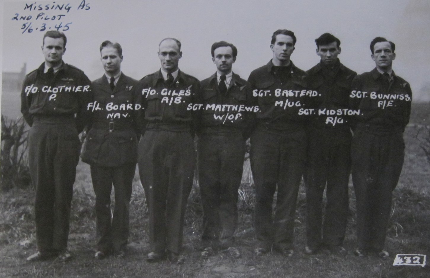 Group Photo– John George Clothier with his crew, 432 Squadron. The rest of his crew survived the war.