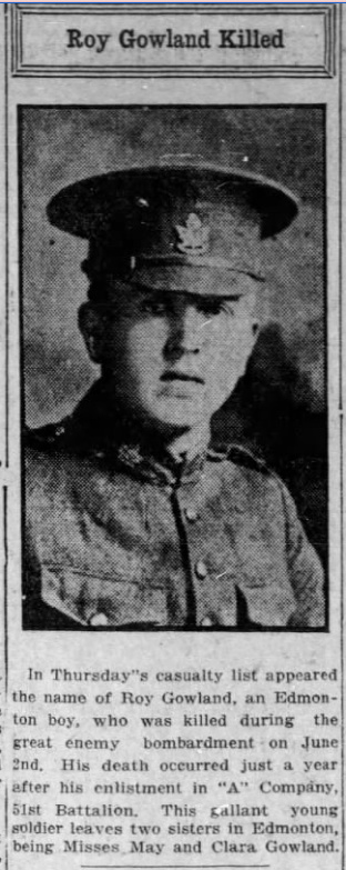 Newspaper clipping– From a World War 1 issue of the Edmonton Journal c.July 1916. Submitted for the project Operation Picture Me