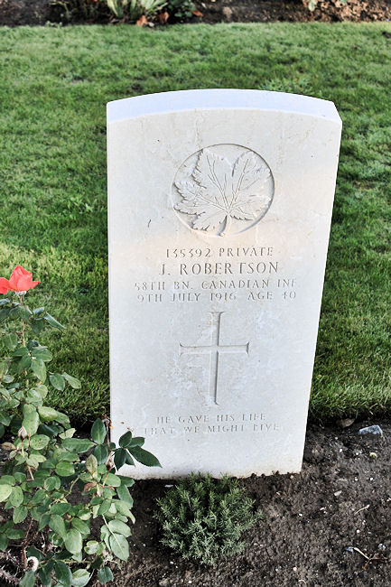 Grave Marker– The grave marker at the Railway Dugouts Burial Ground Cemetery located approximately 3 kilometres to the south of Ieper, Belgium. May he rest in peace. (J. Stephens 2010)