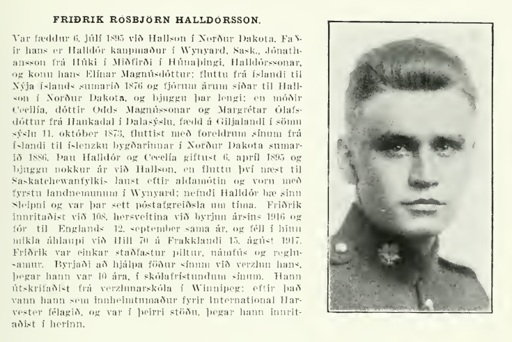 Newspaper clipping– From the book "Minningarrit íslenzkra hermanna 1914-1918" which tells the stories of the Canadian Icelandic soldiers of WW1. Submitted for the project Operation Picture Me.