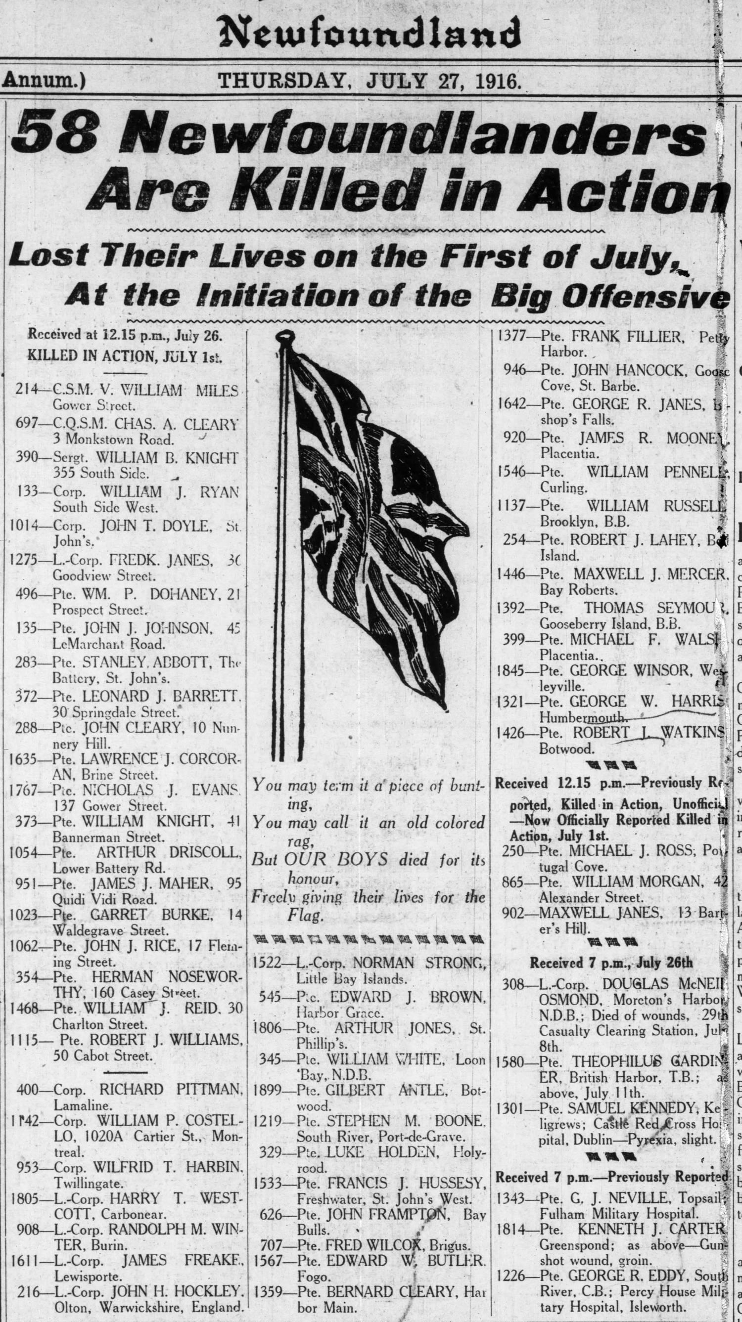 Newspaper clipping– From the St. John Daily Star July 27th 1916. Submitted for the project Operation Picture Me