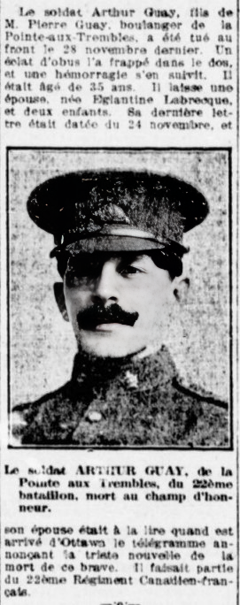Newspaper clipping– La Patrie - 16 December 1915
